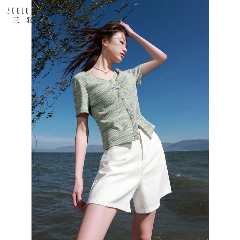【商城专享】三彩大码女装夏季晕染V领短袖T恤小衫套头华夫格显瘦