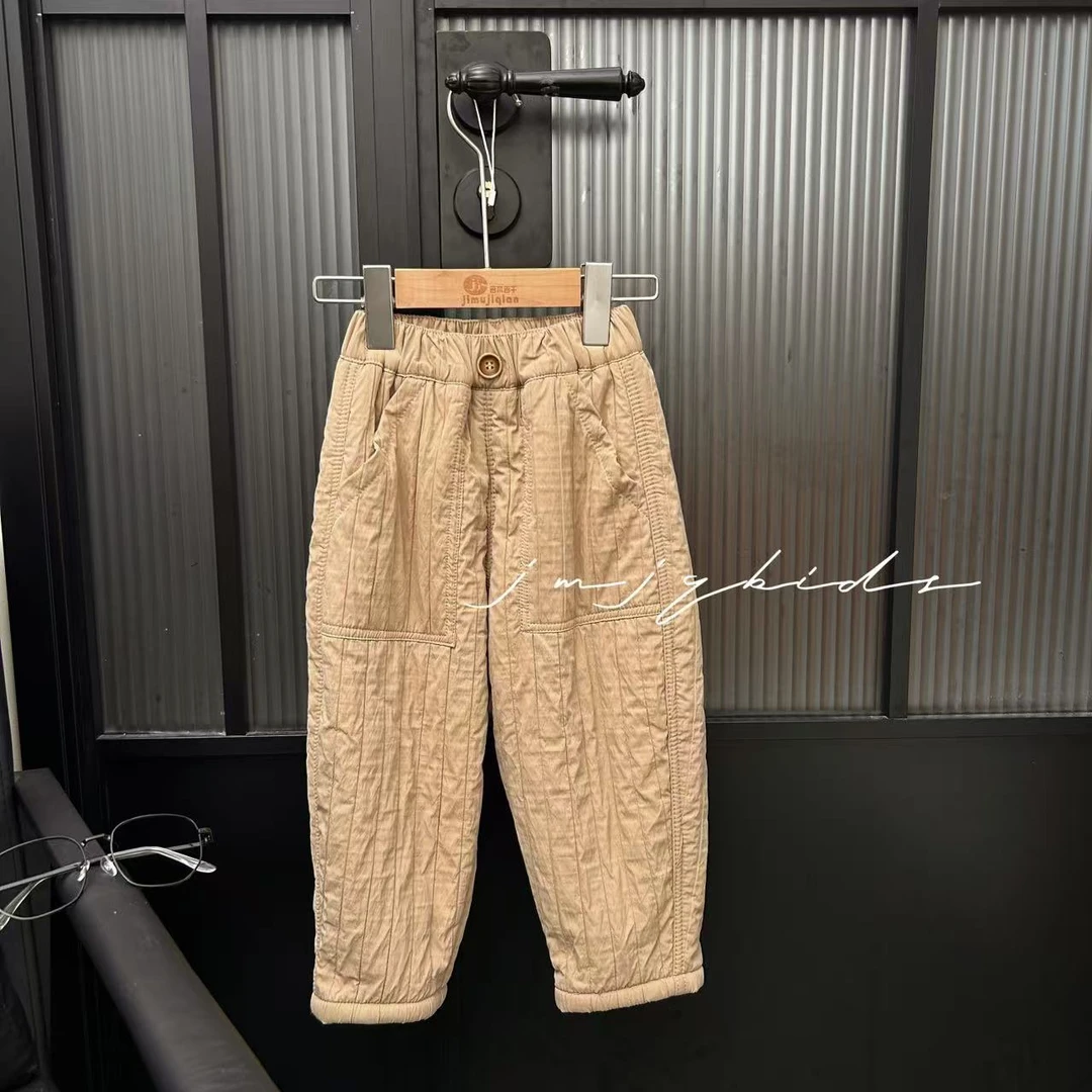 JMJQ秋冬韩版男女宝压褶竖纹保暖加厚一体绒长裤23989