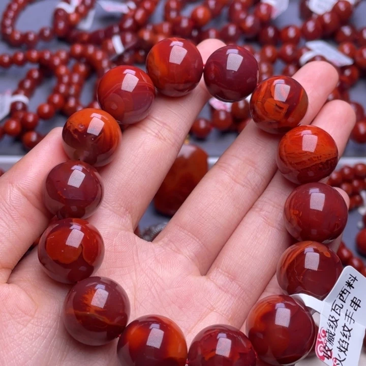 南红玛瑙未镶嵌其他16mm顶级瓦西牛血红火焰圆珠手串