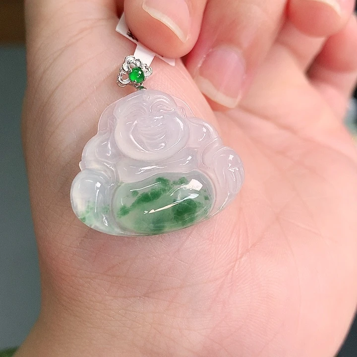 翡翠18K金镶嵌颈饰冰胶飘绿佛公23-28-4.5