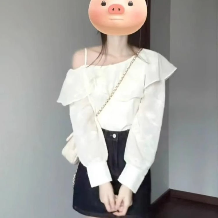 法式小众设计感白色露肩长袖衬衫女春季别致温柔显瘦绝美小衫上衣