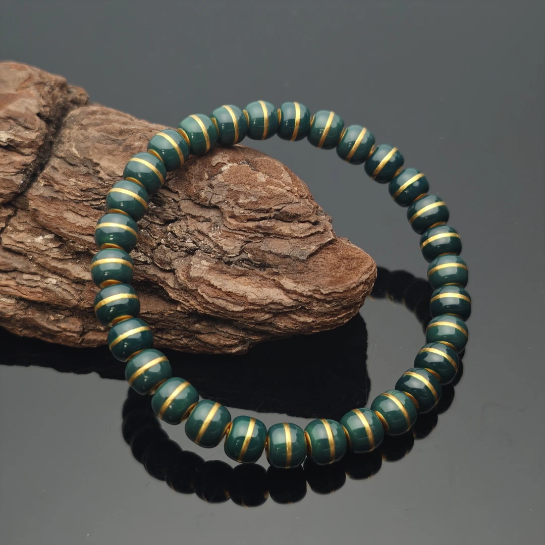 刘爷专属 深圳水贝足金卡7珐琅彩地狱绿汉堡珠手串