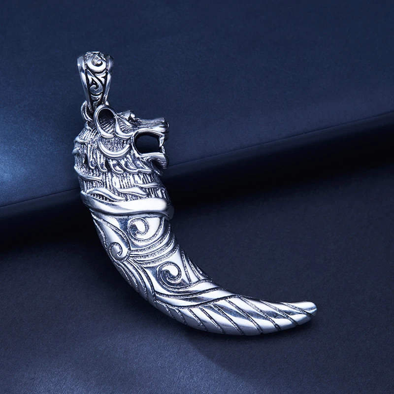 吊坠925银 蛇年新品复古男士狼牙吊坠实心挂坠银制品手工霸气纯银