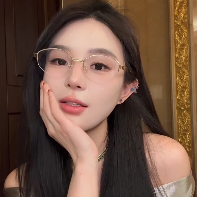 槑槑哒清冷高智感半框眼镜女防蓝光金属银色近视眼镜架商务平光镜