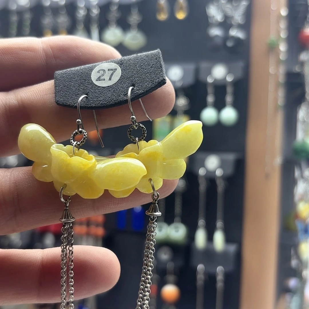 翡翠耳饰银S925镶嵌拽*