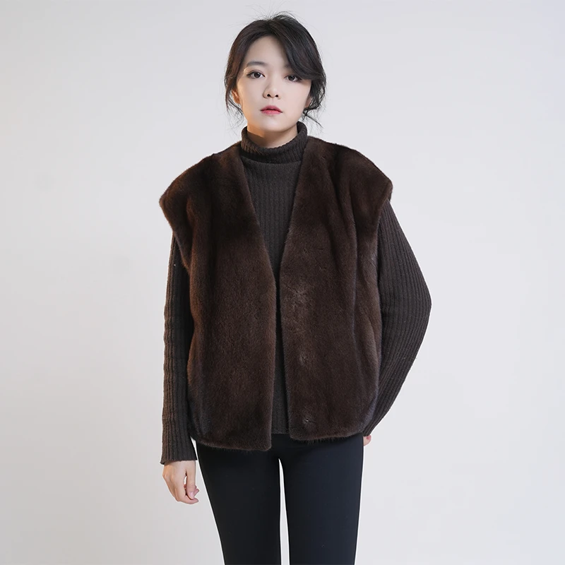 复古叠潮 丹麦进口咖啡本色天鹅绒水貂马甲宽肩皮草外套 246282