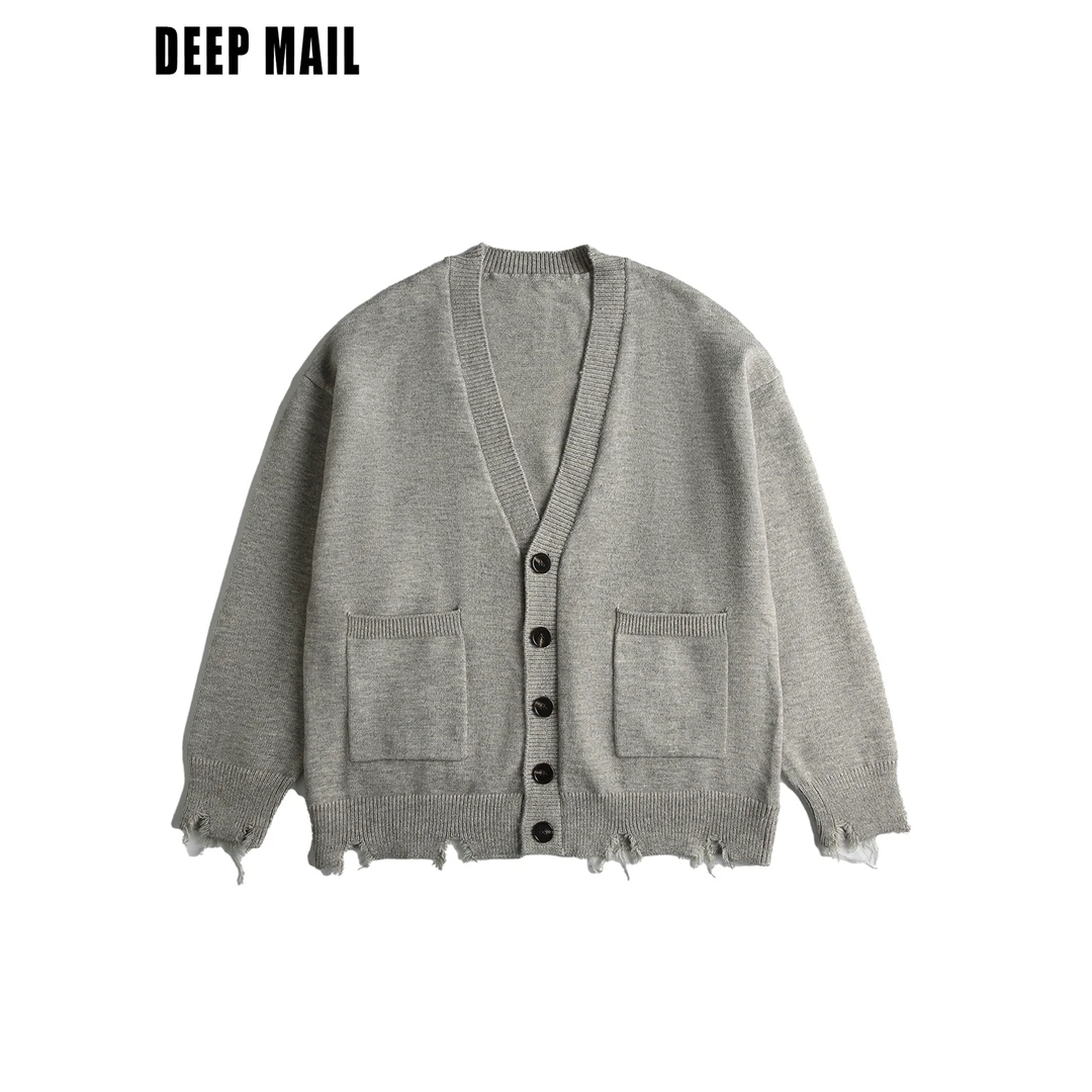 DEEPMAIL 常规V领破洞开衫毛衣男女同款针织衫秋季纯色宽松型