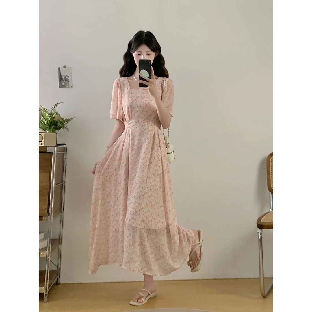 大码女装法式方领碎花雪纺夏季收腰显瘦气质连衣裙