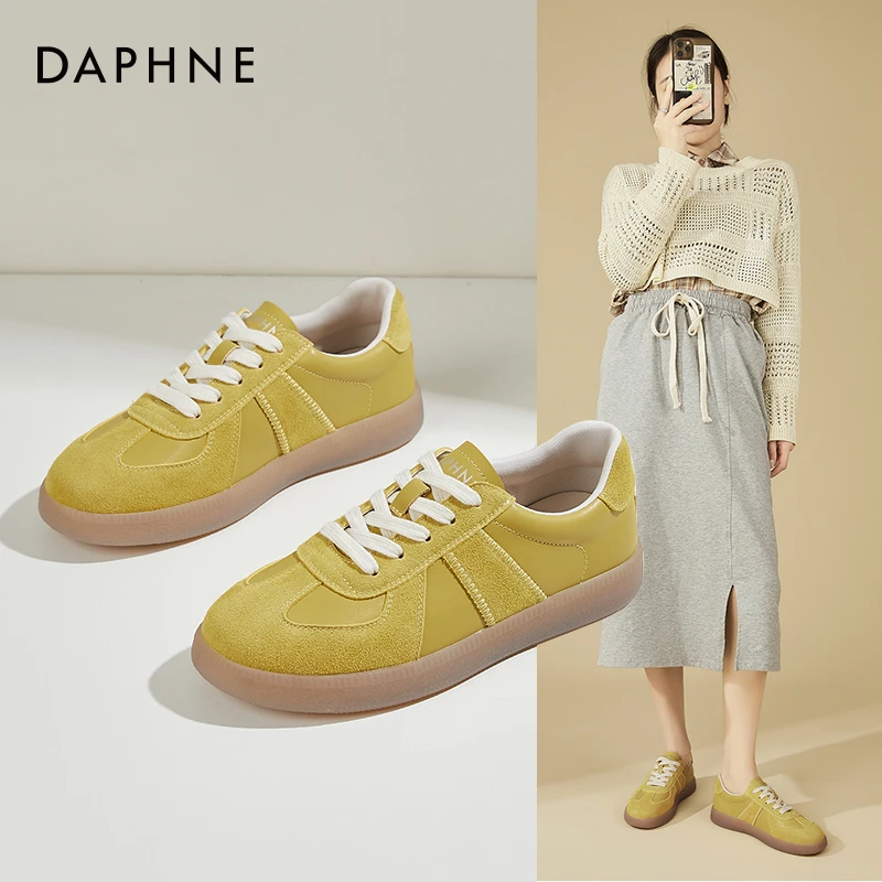 Daphne/达芙妮黄色厚底板鞋女2025新款系带德训鞋轻便休闲运动鞋
