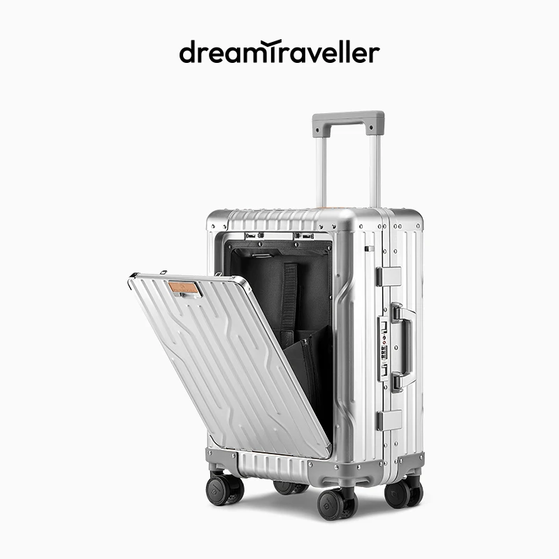 梦旅者前开仓拉杆箱全铝镁合金行李箱指纹锁密码旅行箱登机箱男女