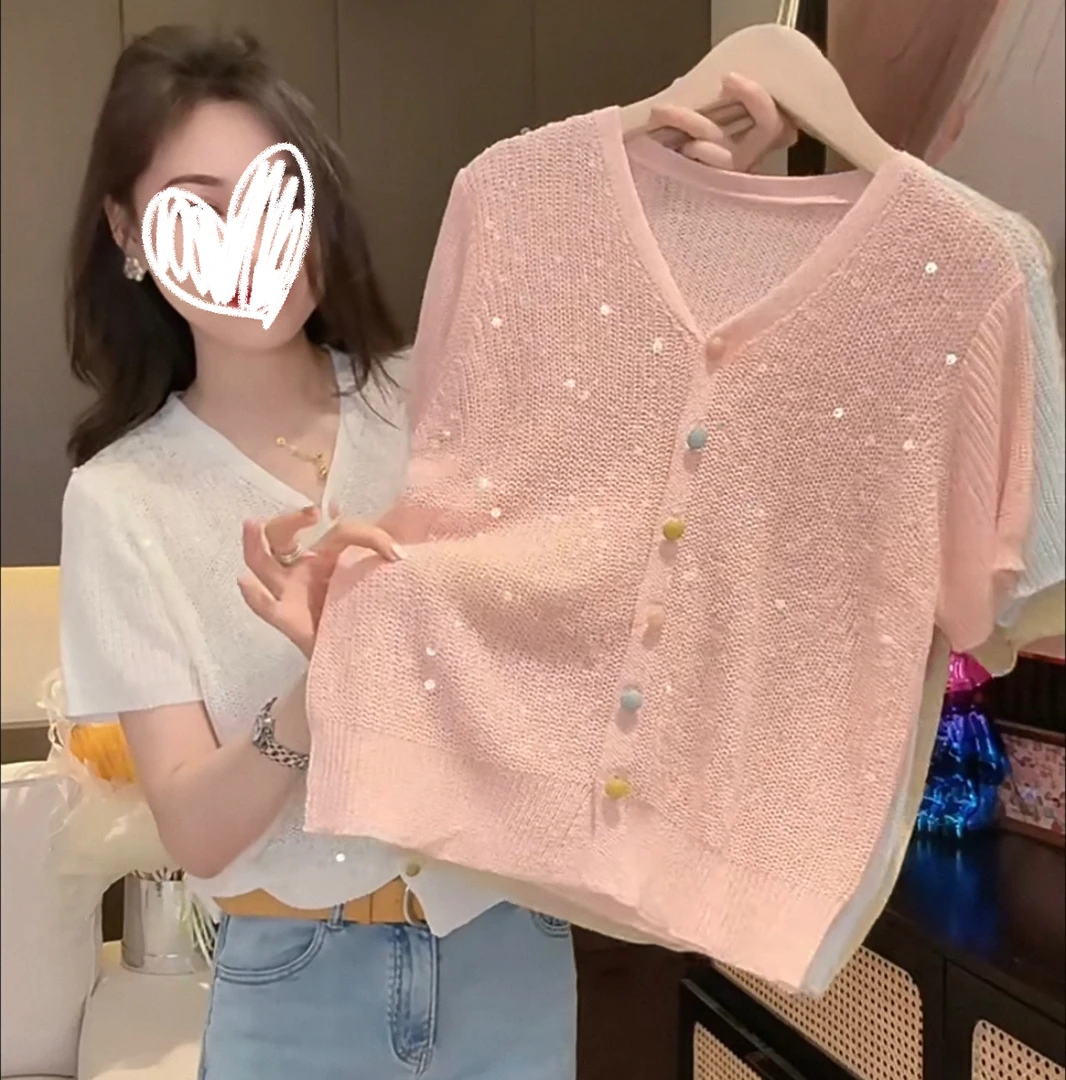 大码洋气重工亮片彩扣轻奢显瘦时尚开衫百搭宽松女短袖针织衫2617