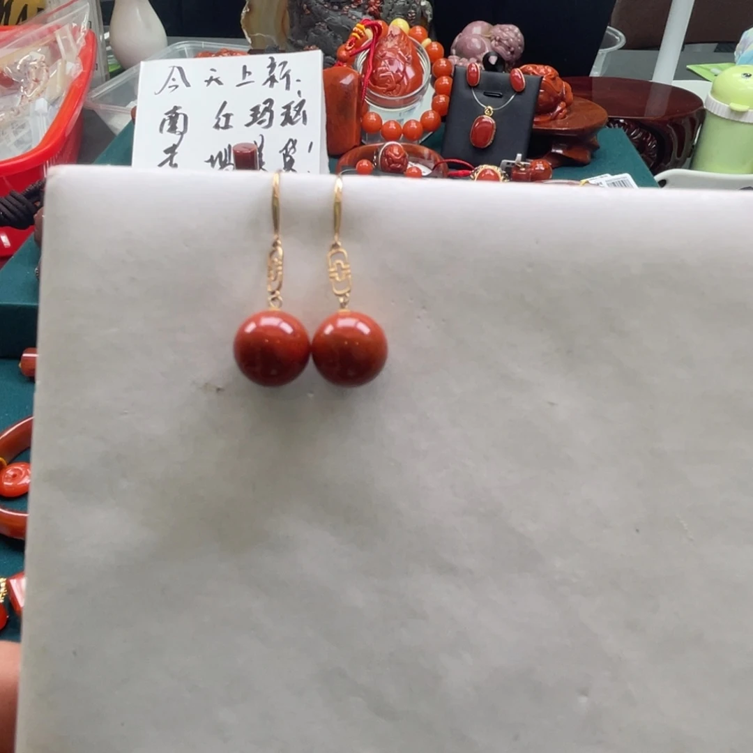 南红玛瑙18K金镶嵌川料南红火焰纹圆珠耳钩10+mm