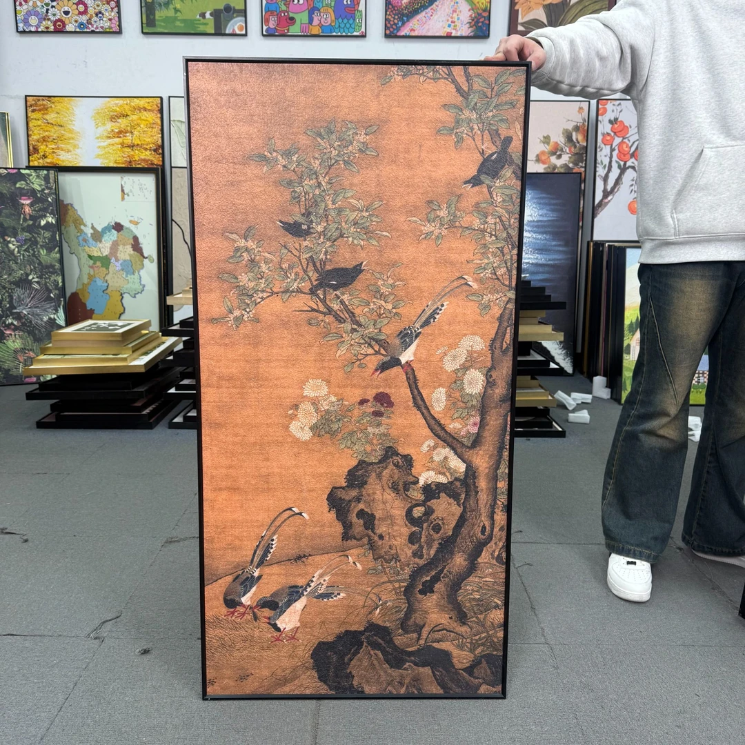 中古水墨花鸟玄关装饰画高级感入户挂画简约现代艺术壁画60120