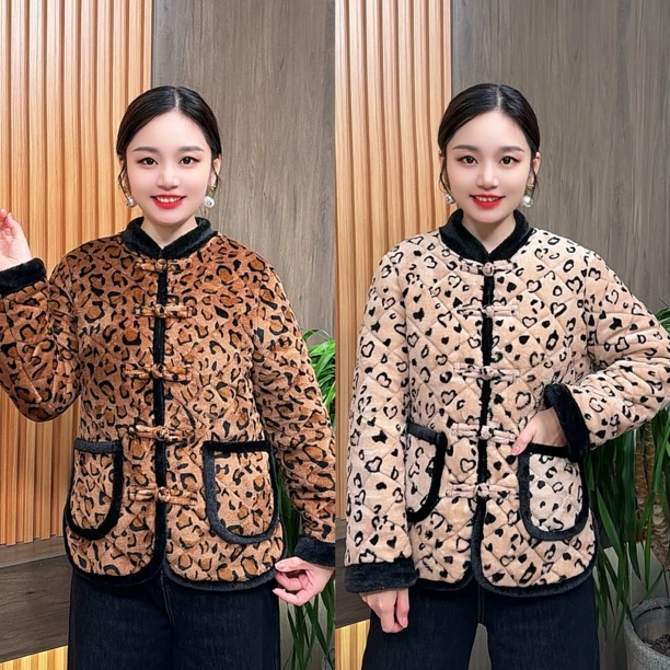 冬季女装棉袄外套印花棉衣中老年加绒棉服常规款立领时尚