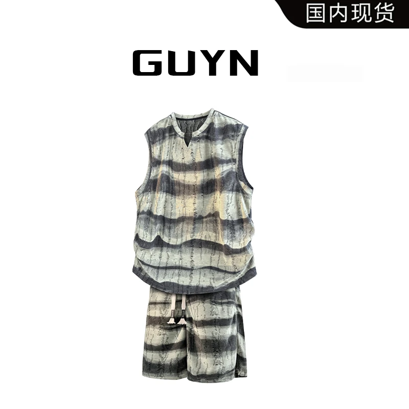 【品牌现货】GUYN夏季扎染破洞百搭无袖休闲条纹青年背心短裤两件套