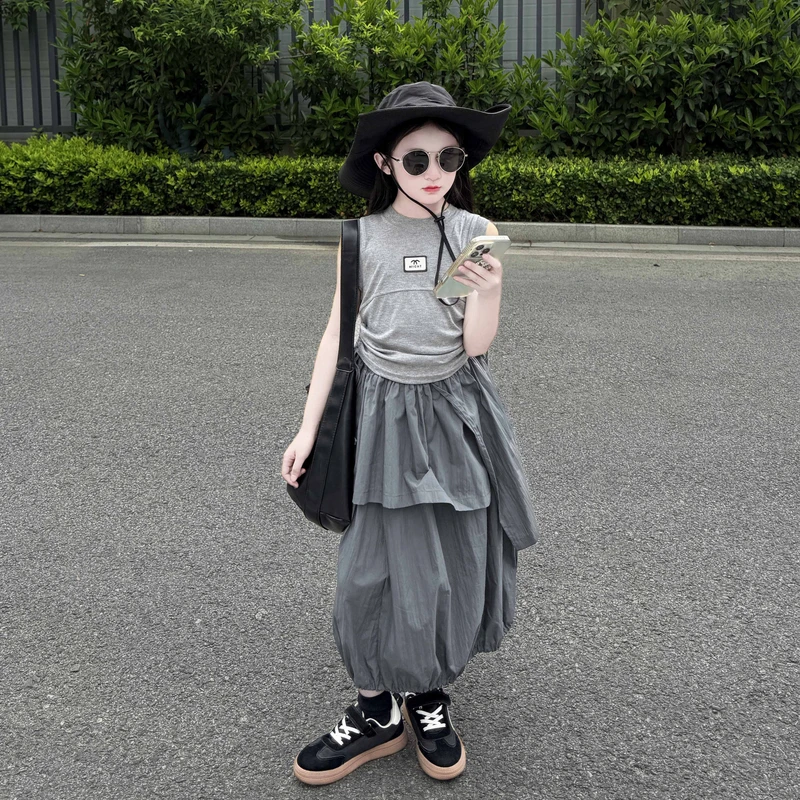 女童夏装套装2025新款儿童时髦洋气夏季无袖背心花苞半身裙两件套