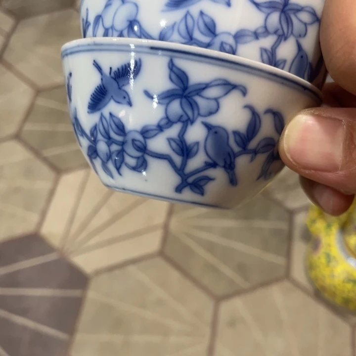 陶瓷百*犁青花杯子一对