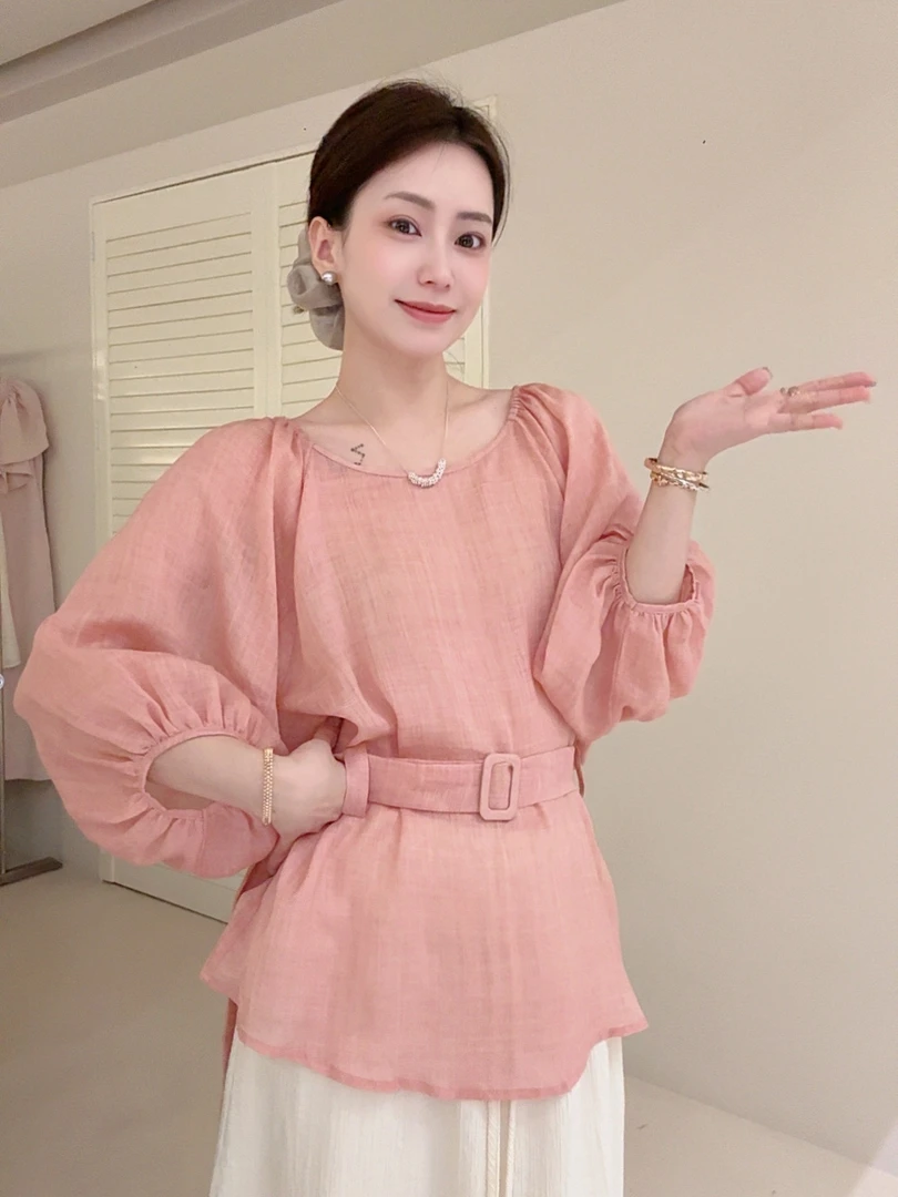SUNCC现货 水蜜桃 夏麻感透气清凉高级气质温柔显白收腰百搭上衣