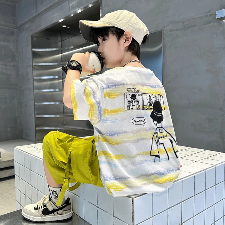 男童夏装套装2025新款中大童夏季薄款条纹卡通短袖T恤工装短裤潮t