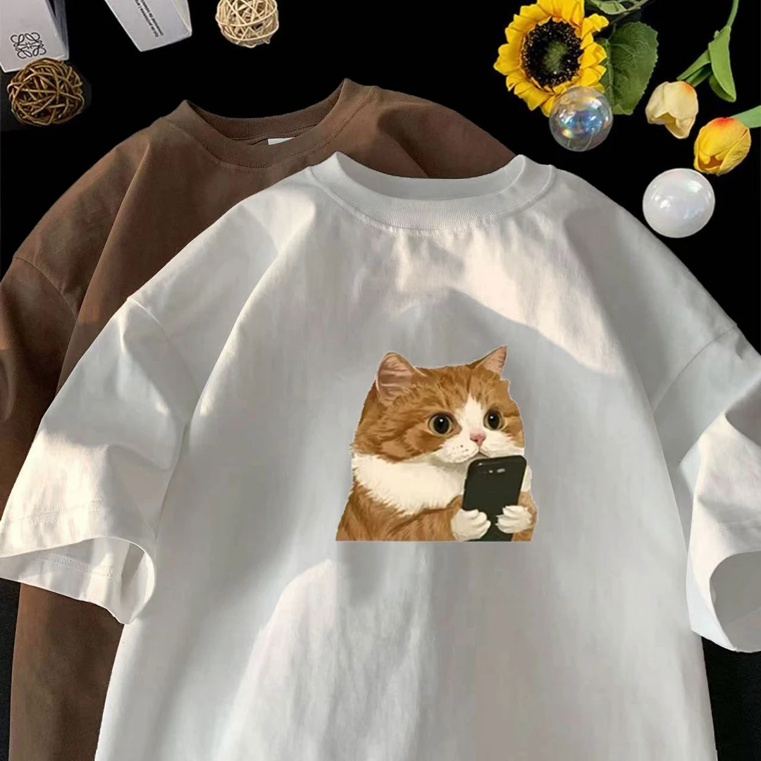 猫咪夏季新款短袖T恤男女款可爱猫猫创意简约卡通纯棉百搭半袖