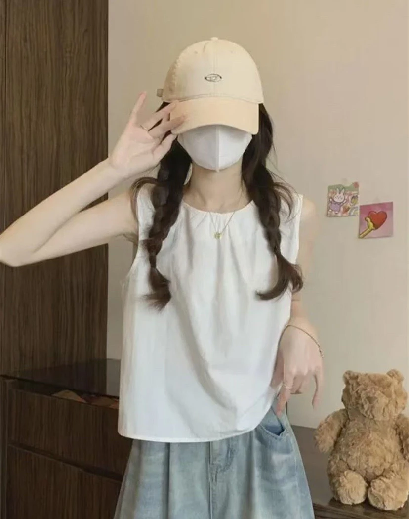 圆领压褶后背开叉无袖纯色衬衫女夏季新款不规则上衣