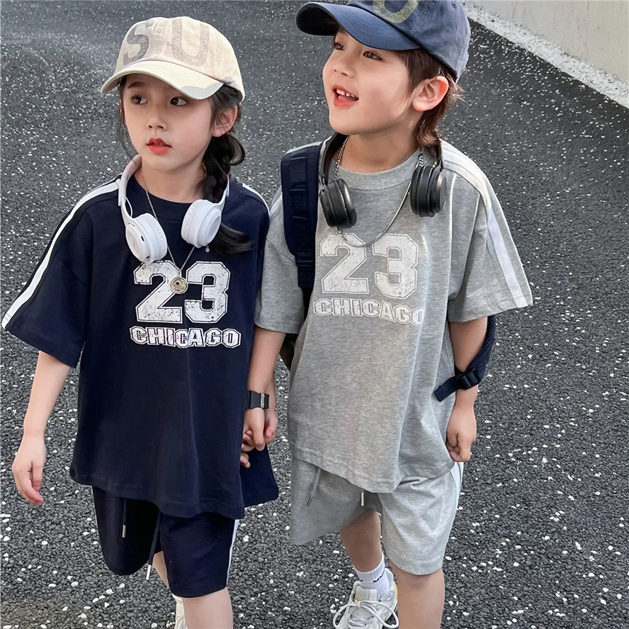 【Tang小白】2025夏款儿童短袖套装数字镶条全棉短袖短裤夏季套装潮