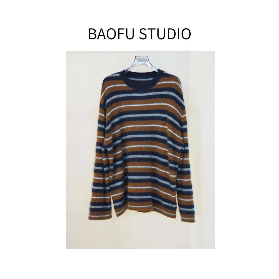 BAOFU studio｜暖冬羊毛混纺多色条纹圆领毛衣经典长袖毛感上衣
