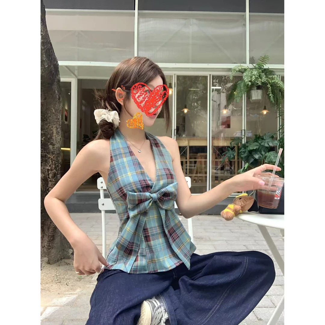 韩系蝴蝶结绿色格纹挂脖背心夏季新款性感V领无袖收腰显瘦上衣ins