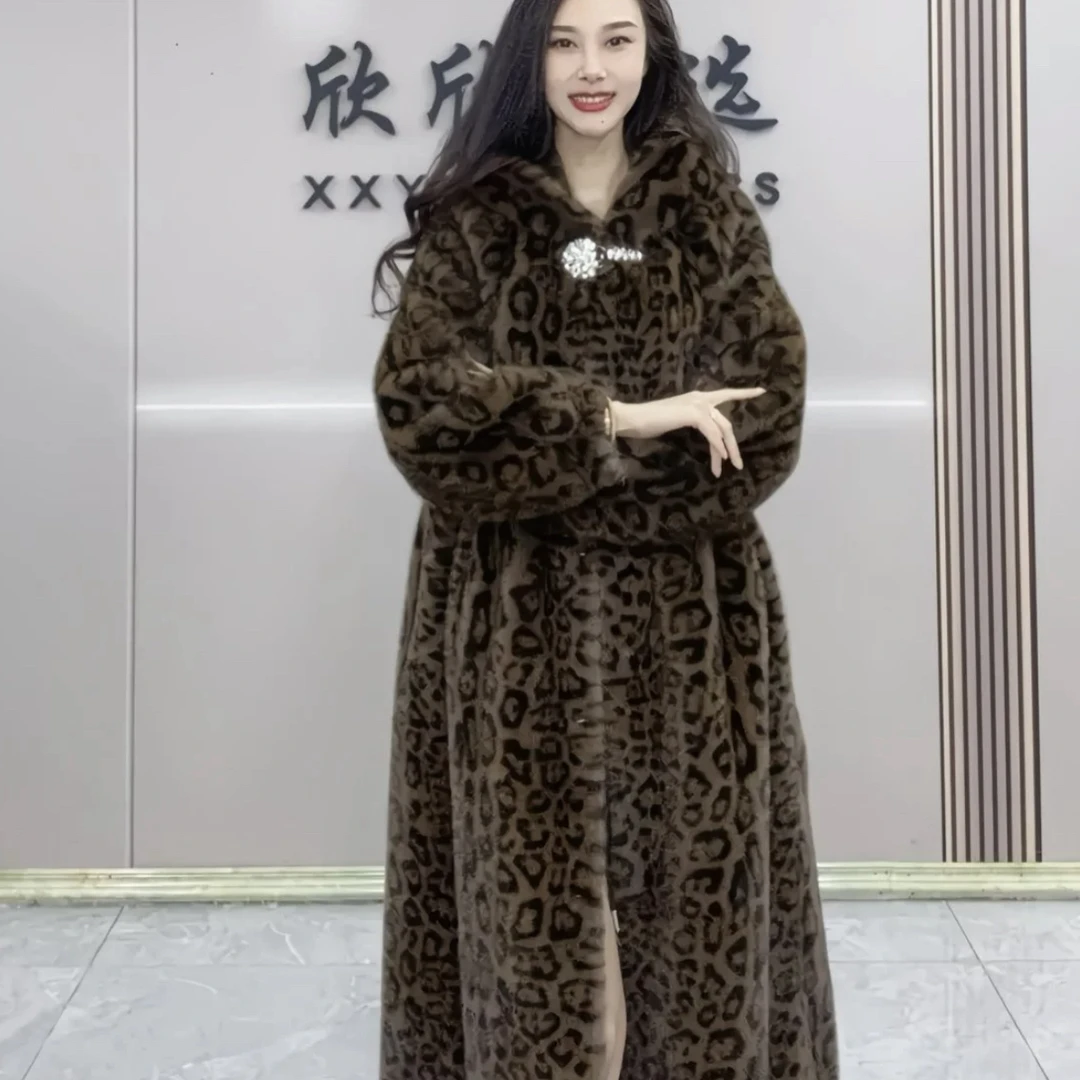 24896米兰貂豹纹连帽收腰显瘦皮毛一体女士气质时尚潮流毛毛外套