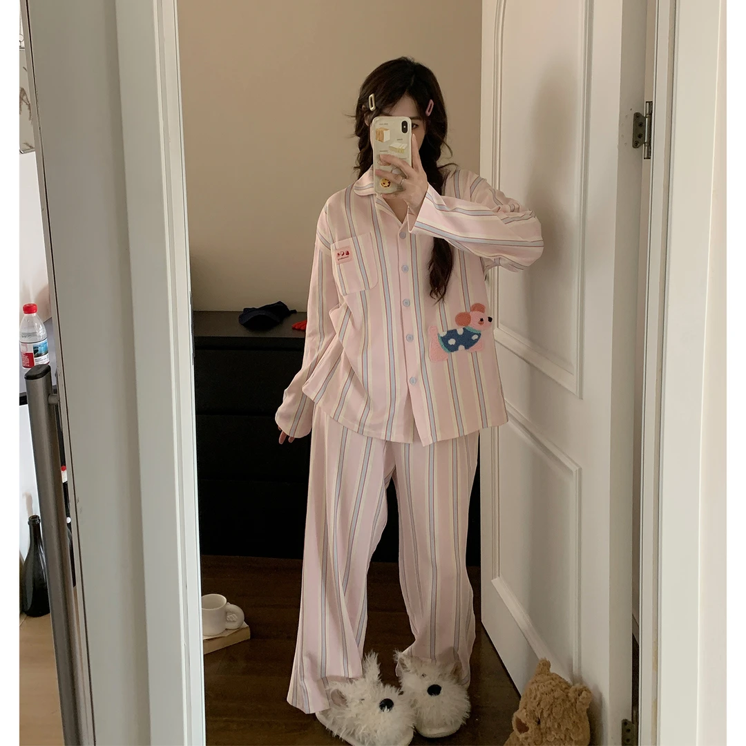 睡衣女长袖纯棉春秋季小狗刺绣可外穿粉色条纹印花新款家居服套装