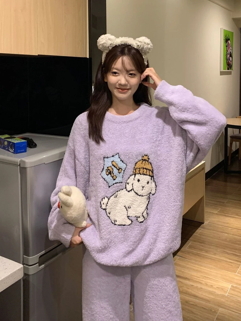 秋冬新款加厚半边绒韩系ins长袖保暖紫色小狗家居服甜美学生套装