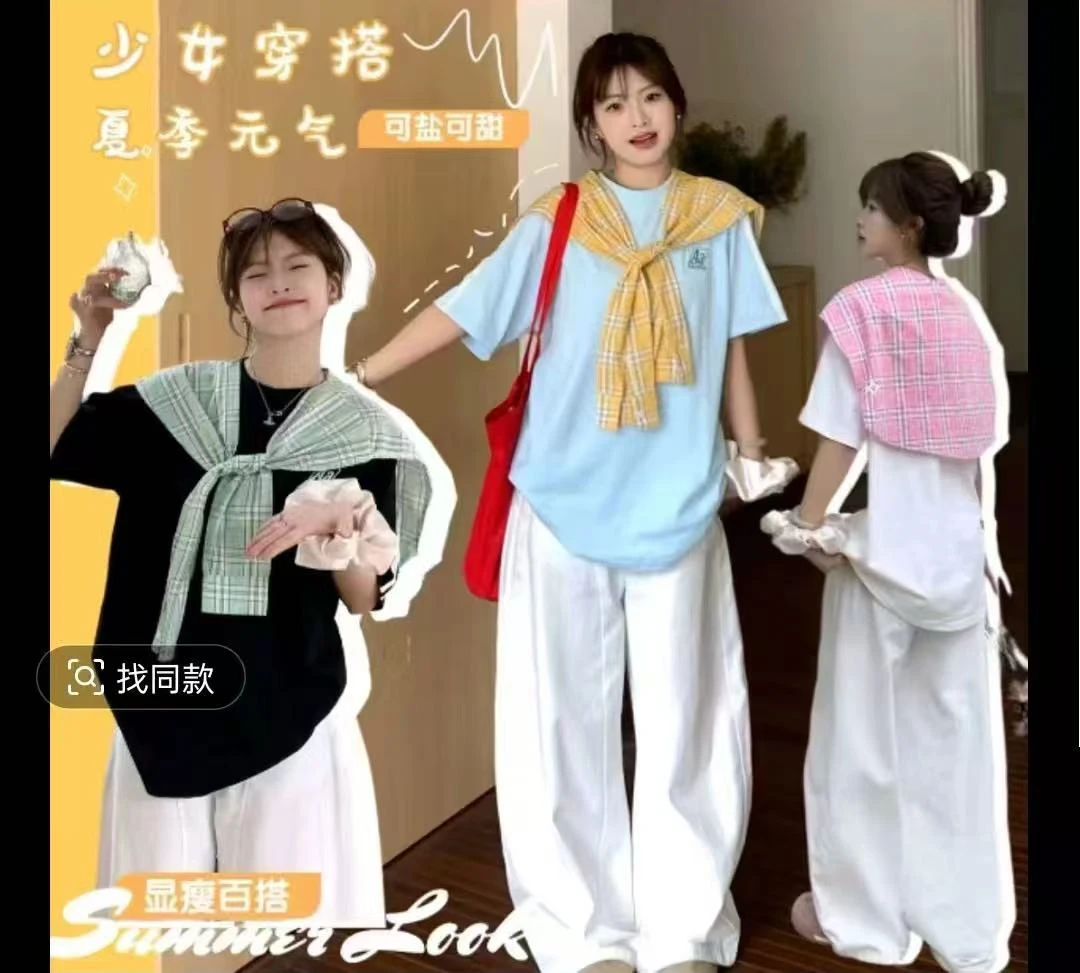 1259学院风格子绑带披肩短袖T恤胖MM夏季新款宽松oversize穿搭