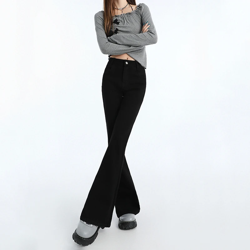 艾格美式黑色修身喇叭牛仔裤女士设计感休闲百搭辣妹裤子高腰显瘦