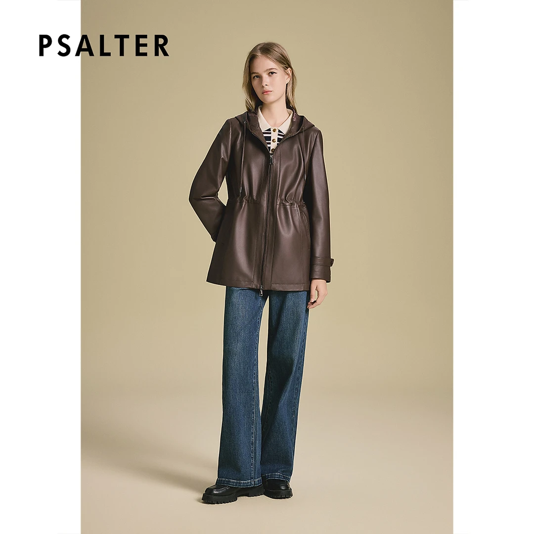 【琥珀流光】诗篇复古咖啡色抽绳收腰双头拉链皮衣外套2025冬季新款