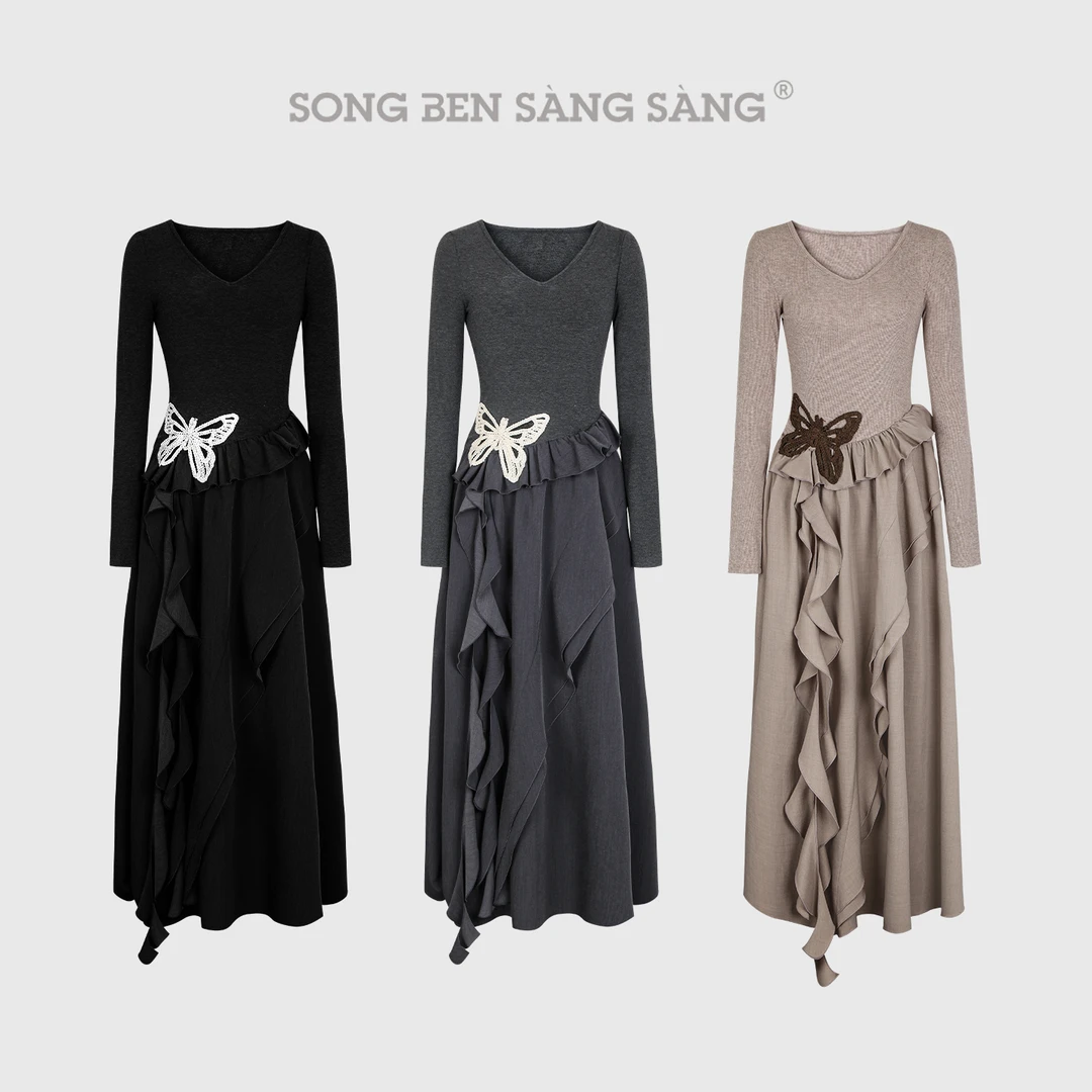 松本丧丧蝴蝶裙小黑裙不规则裙边纯色长袖连衣裙收腰B252Q1518