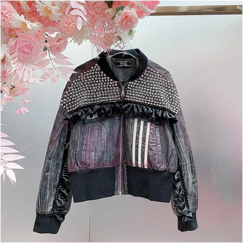 HH6633欧美设计师2025早春新款铆钉拼接荷叶边棒球服外套女