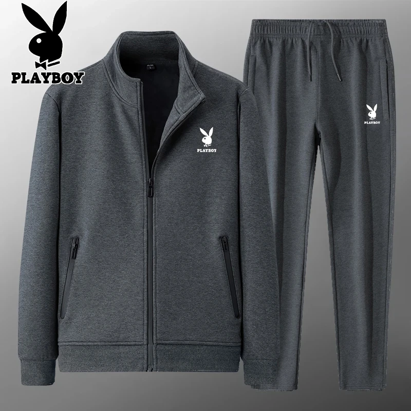 PLAYBOY/花花公子纯棉休闲套装男秋冬立领开衫外套加绒中年两件套