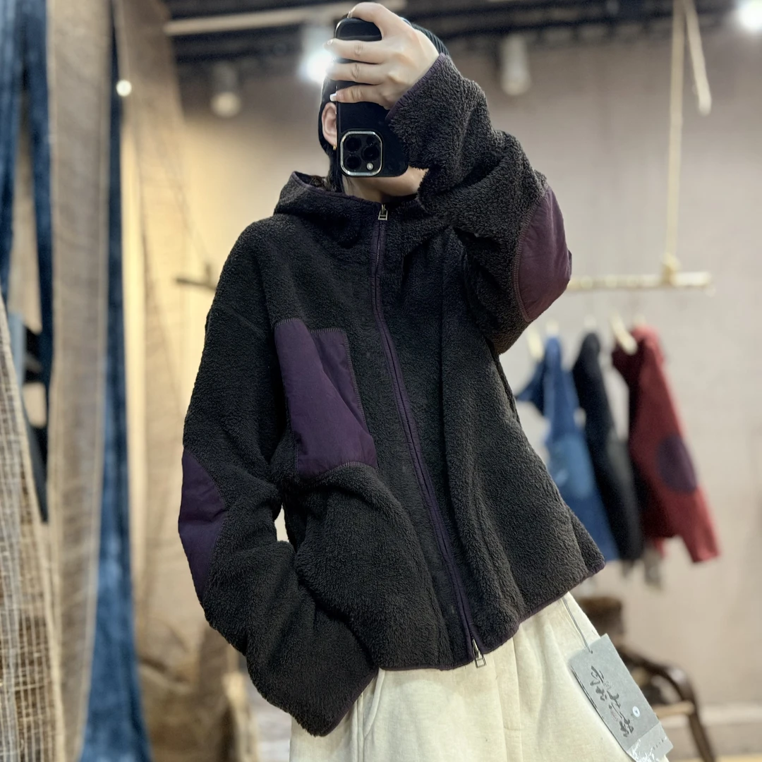 2578A忆古朴拙秋冬拼接连帽颗粒绒外套复古撞色减龄保暖休闲上衣