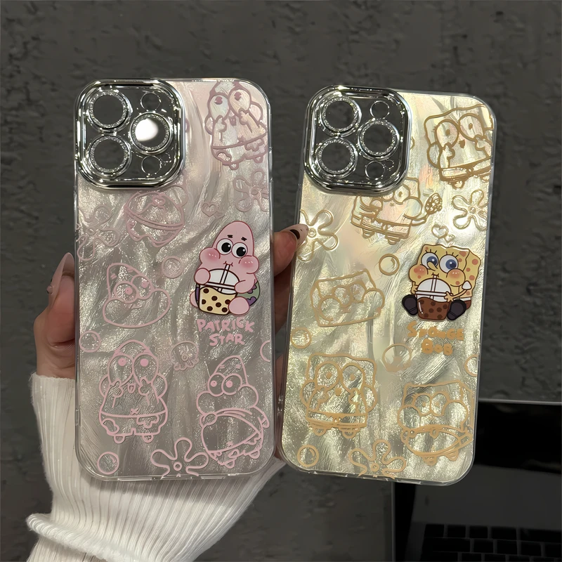 喝奶茶派大星适用苹果16pro精孔羽纱创意iPhone15手机壳华为p60女