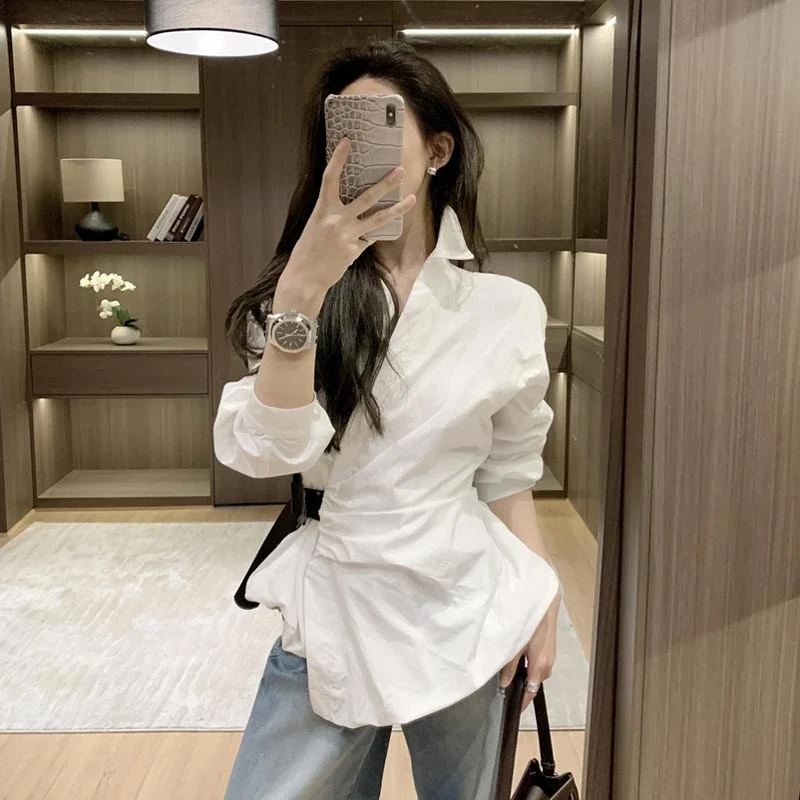 韩系设计感收腰衬衣女2025年春秋季新款复古高级轻奢女装百搭上衣