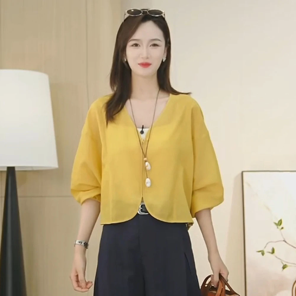 夏季薄款短外套V领开衫宽松防晒衫时尚短款女上衣0437