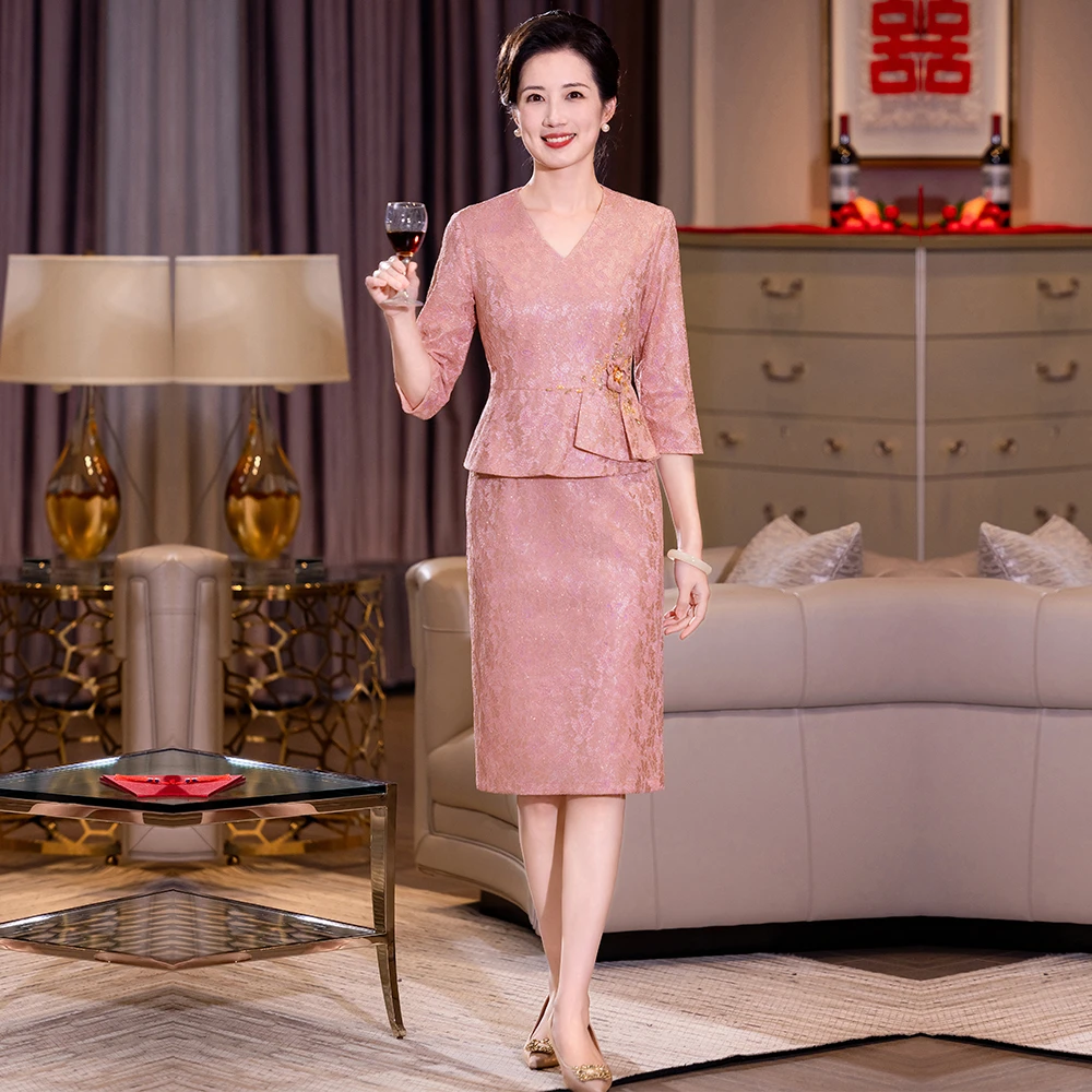 春夏礼服服装高贵蕾丝中长款大码喜婆婆婚礼气质新中式婚宴装