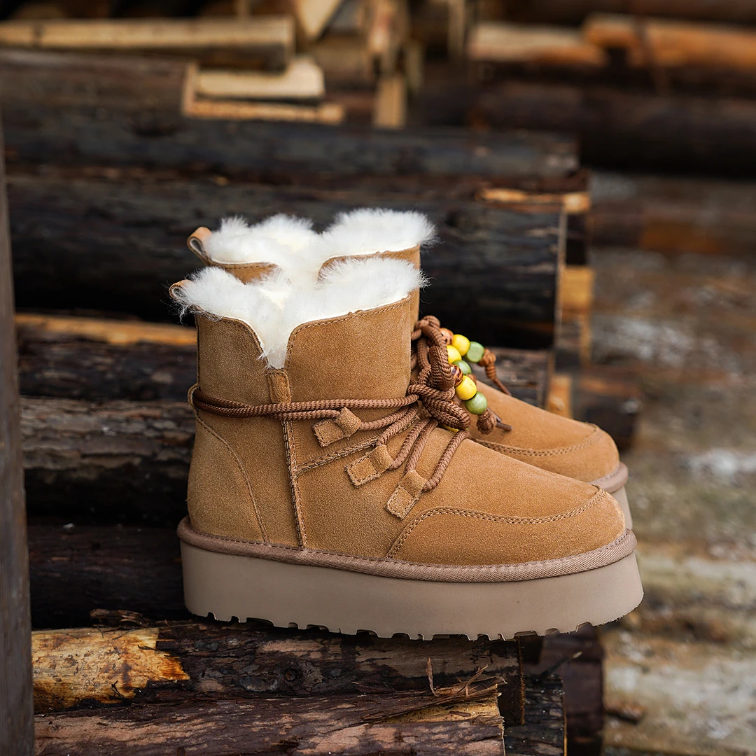 手工制作冬季串珠名族风厚绒厚底系带雪地靴女款棉鞋厚款保暖套筒