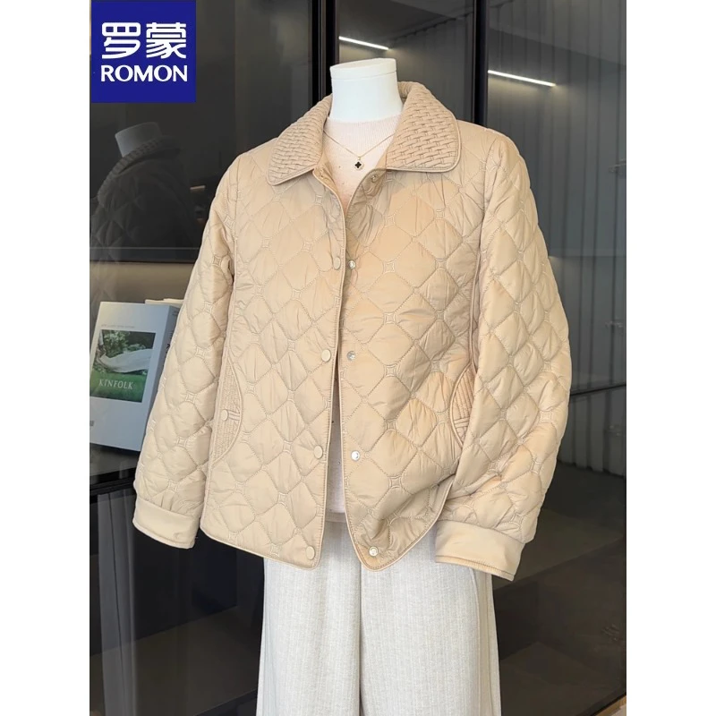 罗蒙时尚洋气妈妈秋冬装翻领短款棉衣气质轻薄棉服外套中老年女装