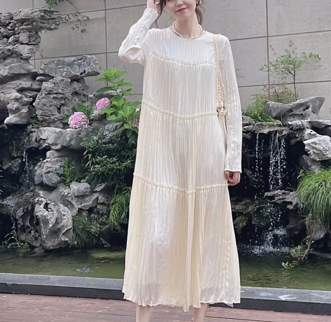 商场同款春夏新品5500445圆领显瘦褶皱中长款长袖连衣裙女