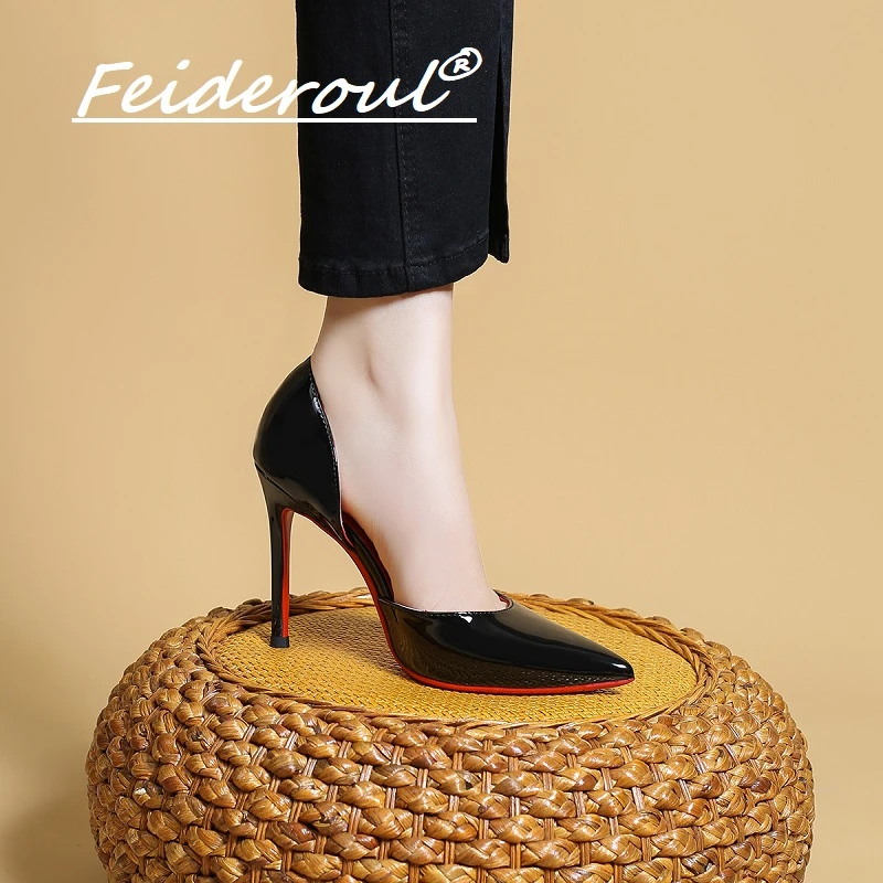 Feideroul侧空红底黑色2025新款性感气质夜店细跟尖头浅口单鞋