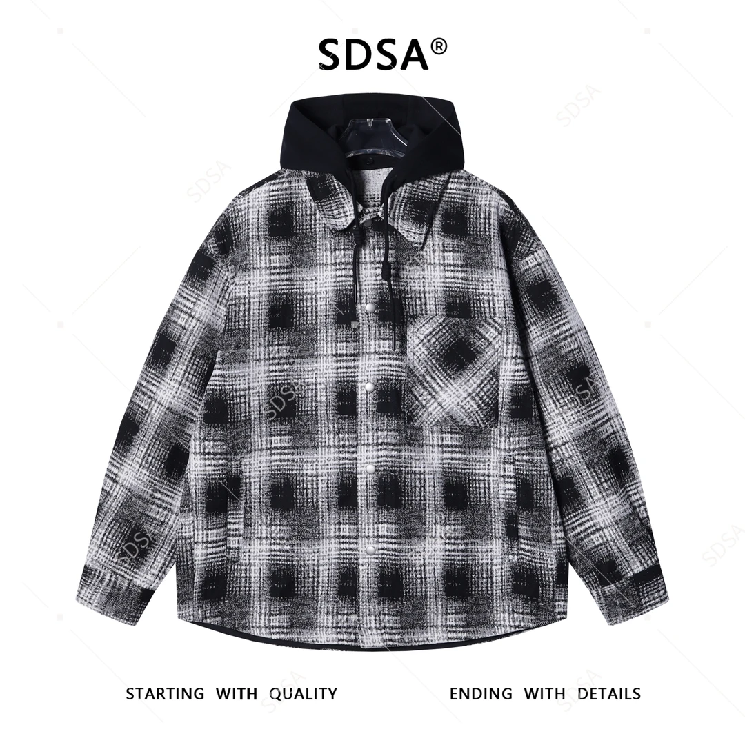 SDSA秋冬新款痞帅男装韩版撞色格纹拼接抽绳连帽衬衫百搭时尚外套