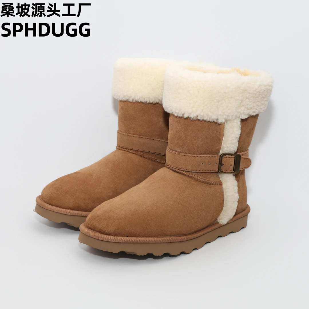 【新款中筒羊皮毛一体翻毛骑士靴】2024年新款中筒骑士雪地靴