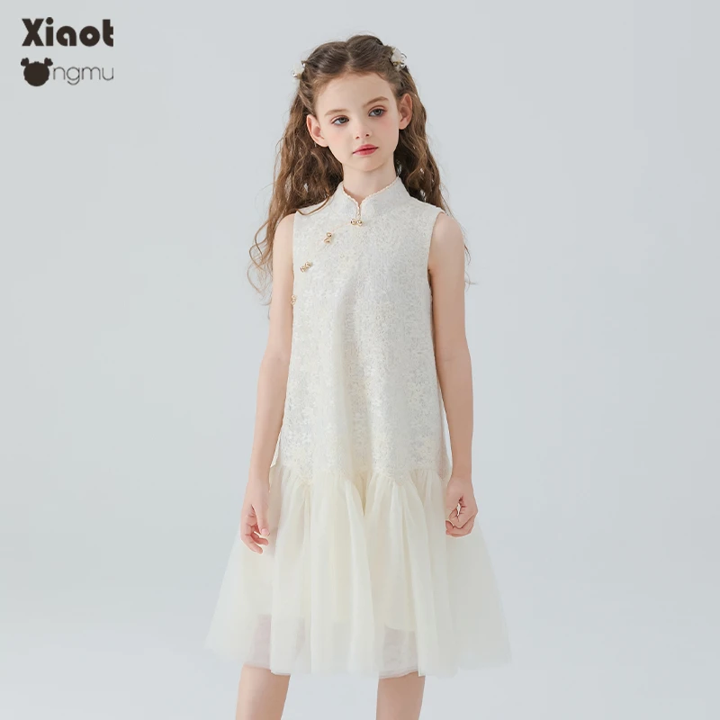 小童木 婉约新中式女童连衣裙夏季2025新款蕾丝旗袍裙中大童裙子