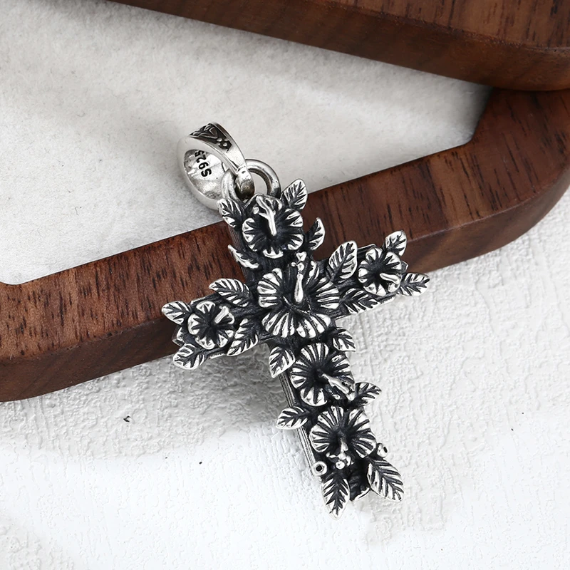 吊坠925银 复古做旧十字架玫瑰吊坠 百搭项链流行挂坠
